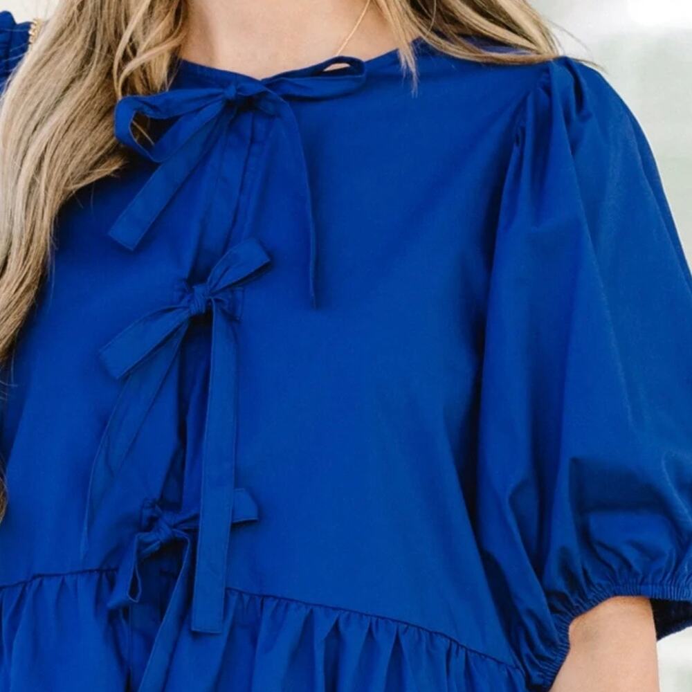 BAND OF‎ THE FREE | Lapis Blue Babydoll Dress Bow Front Puffed Sleeves | Large